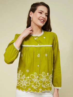 J TURRITOPSIS Women Embroidered Casual Green Shirt