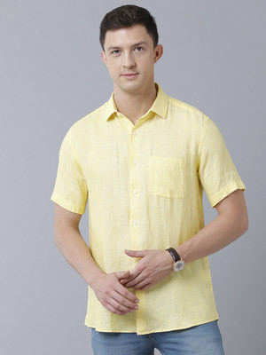 Linen Club Men Solid Casual Yellow Shirt