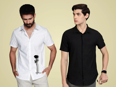 ASHIMA FAB TEX Men Solid Casual White, Black Shirt(Pack of 2)