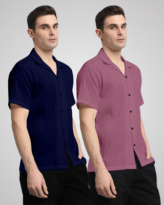 HEMAS LIFESTYLE Men Self Design Casual Dark Blue, Pink Shirt(Pack of 2)