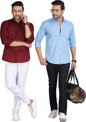 Wristy Men Solid Casual Maroon, Blue Shirt(Pack of 2)