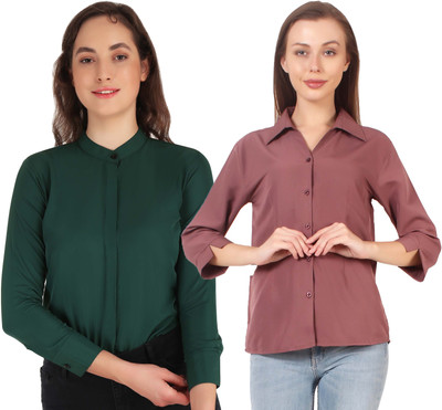 Mamnoon Women Solid Formal Blue, Pink Shirt(Pack of 2)