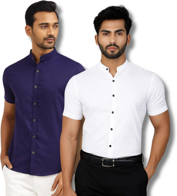 RANGFIT Men Solid Casual Dark Blue, White Shirt(Pack of 2)