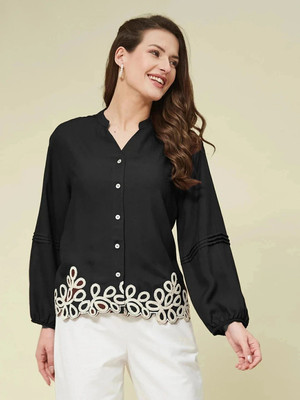 J TURRITOPSIS Women Embroidered Casual Black Shirt