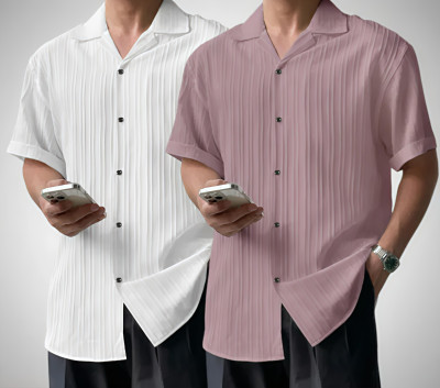 METRONAUT Men Self Design Casual Pink, White Shirt(Pack of 2)
