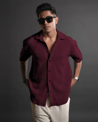 Voroxy Men Self Design Casual Maroon Shirt