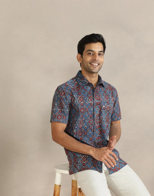 Fabindia Men Printed Casual Blue Shirt