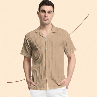 A Sti Men Self Design Casual Cream Shirt