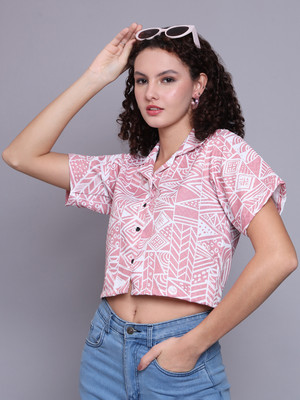 ENTNICBLISS Women Printed Casual White, Pink Shirt