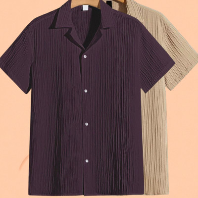 Jenil Fashion Men Self Design Casual Purple, Cream Shirt