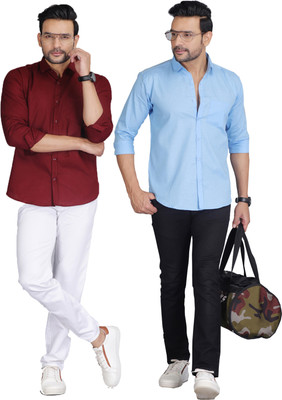 FAVNIC Men Solid Casual Maroon, Blue Shirt(Pack of 2)