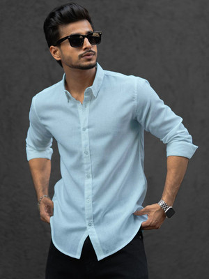 Yanthhi Men Solid Casual Light Blue Shirt