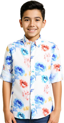 Charchit Boys Floral Print Casual White Shirt