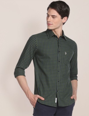 U.S. POLO ASSN. Men Checkered Casual Dark Blue, Dark Green Shirt