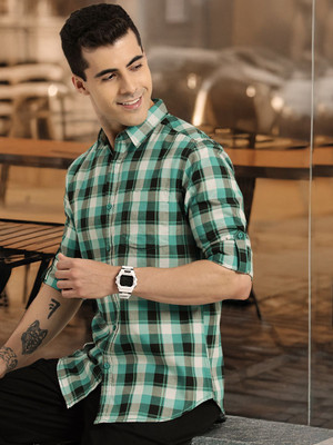 HERE&NOW Men Checkered Casual Green Shirt