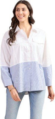 Kiarabel Women Striped Casual White, Blue Shirt