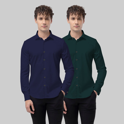 DORAEMON FASHION Men Solid Formal Dark Blue, Dark Green Shirt