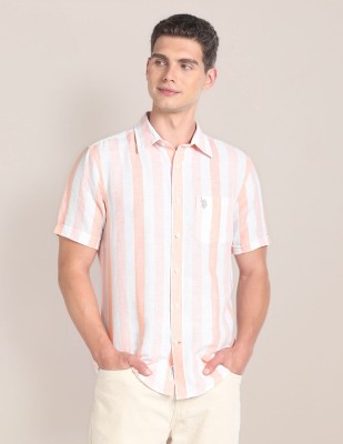 U.S. POLO ASSN. Men Striped Casual Orange, Pink, White Shirt