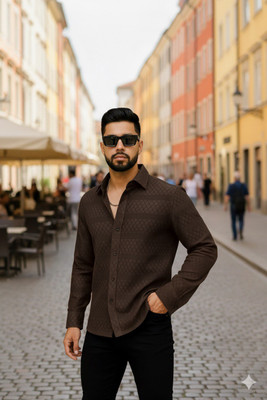 Crivion Men Self Design Casual Brown Shirt