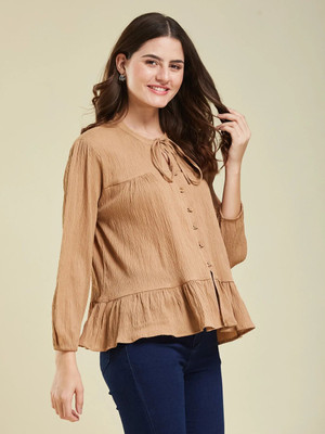 J TURRITOPSIS Women Self Design Casual Beige Shirt