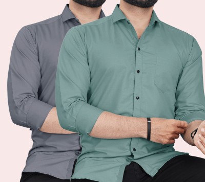 CLOSWIF Men Solid Casual Grey, Light Green Shirt(Pack of 2)