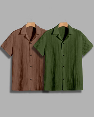 House of Vinay Men Self Design Casual Brown, Green Shirt(Pack of 2)