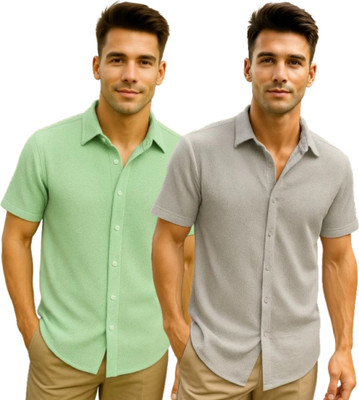 METRONAUT Men Solid Casual Green, Grey Shirt(Pack of 2)