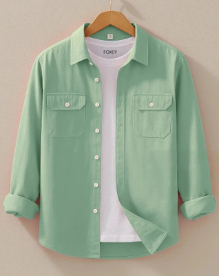 FOXEY Men Solid Casual Light Green Shirt