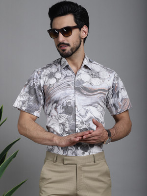Indian Needle Men Printed Formal White Shirt