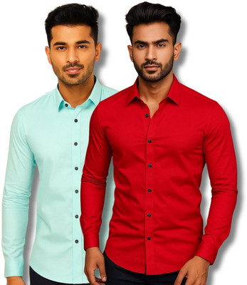EchoWear Men Solid Casual Light Blue, Red Shirt(Pack of 2)