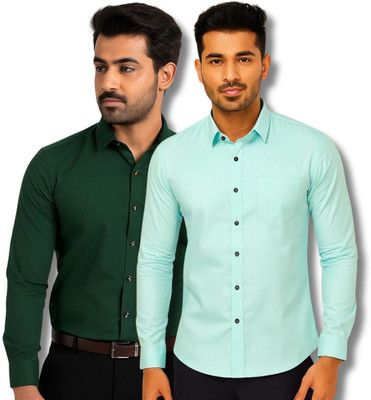 ClothTheory Men Solid Casual Green, Light Blue Shirt(Pack of 2)