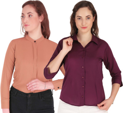 Miranga Women Solid Casual Purple, Orange Shirt(Pack of 2)