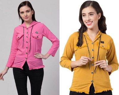 NewWear Women Solid Casual Pink, Yellow Shirt(Pack of 2)