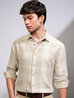 HIGHLANDER Men Self Design Casual Beige Shirt