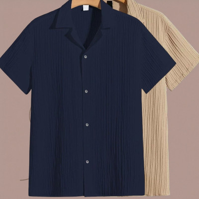 Looksky Men Striped, Self Design, Solid Casual Dark Blue, Cream Shirt(Pack of 2)