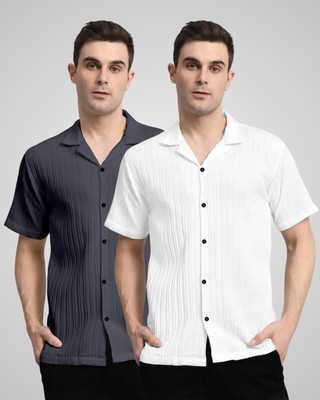 VK Couture Men Self Design, Striped Casual Grey, White Shirt(Pack of 2)