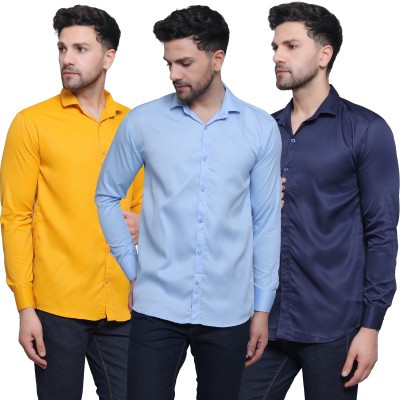 FILNECH Men Solid Casual Yellow, Light Blue, Dark Blue Shirt(Pack of 3)