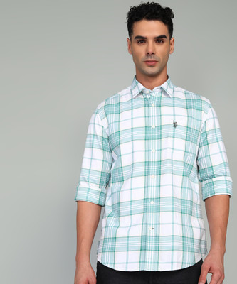 U.S. POLO ASSN. Men Checkered Casual Green, White Shirt