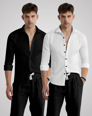 kruze Men Self Design Casual Black, White Shirt(Pack of 2)
