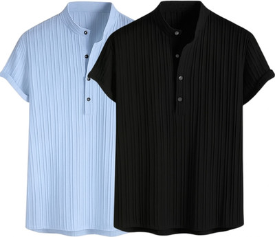 METRONAUT Men Self Design Casual Light Blue, Black Shirt(Pack of 2)