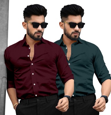 SAADIWALA Men Solid Casual Maroon, Green Shirt(Pack of 2)