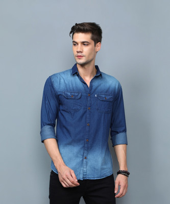 AIDAN PAUL Men Washed Casual Dark Blue Shirt