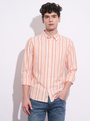 BEING HUMAN Men Striped Casual Orange Shirt
