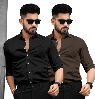 SAADIWALA Men Solid Casual Black, Brown Shirt(Pack of 2)