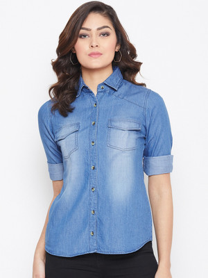 Avyanna Women Washed Casual Blue Shirt