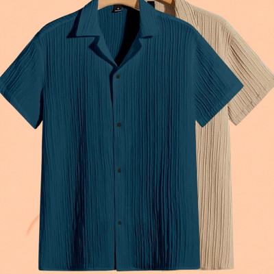 Jenil Fashion Men Self Design, Striped Casual Blue, Beige Shirt