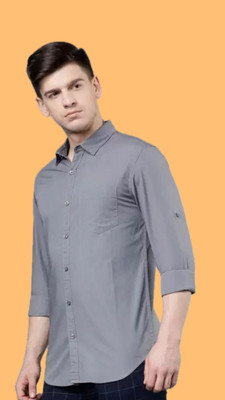 The style grove Men Solid Casual Grey Shirt