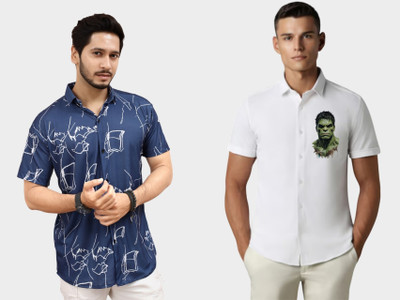 Emporium Men Printed, Solid Casual Dark Blue, White Shirt(Pack of 2)