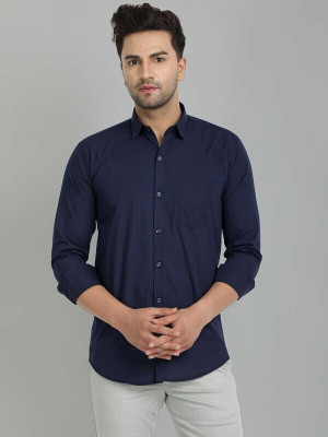 Fronics Men Solid Casual Dark Blue Shirt