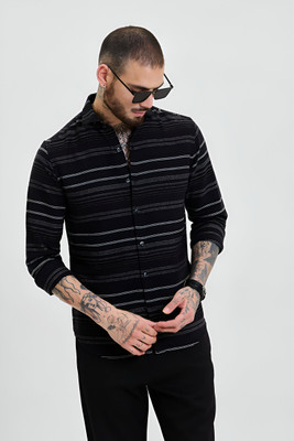RODEIZ Men Striped Casual Black Shirt